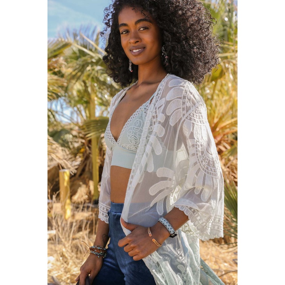 Light‎ Blue Floral Lace Kimono Duster Beach Cover Up Bohemian Sheer Resortwear